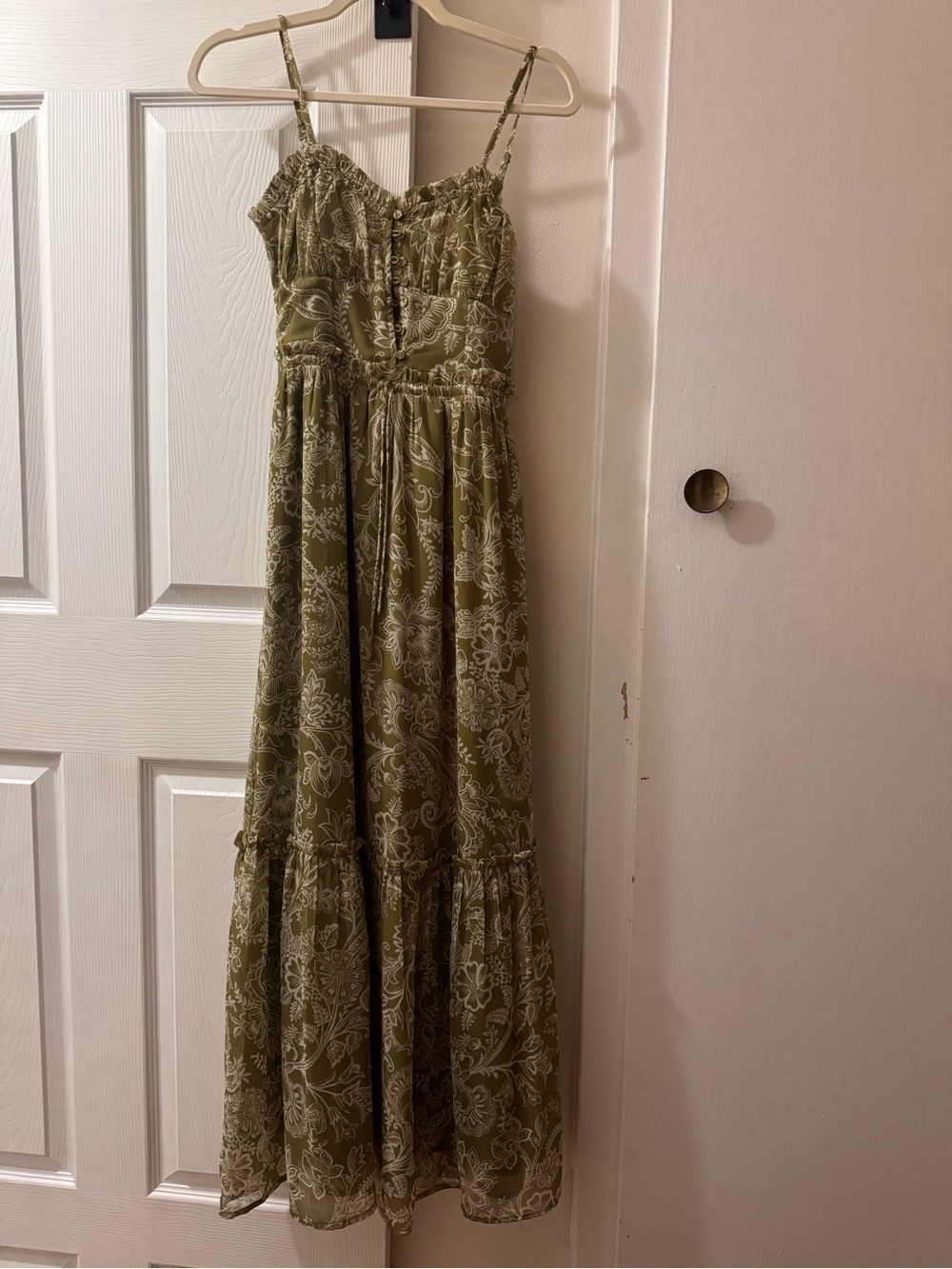 Patrons of Peace Olive Green Floral Maxi Dress with Spaghetti Straps